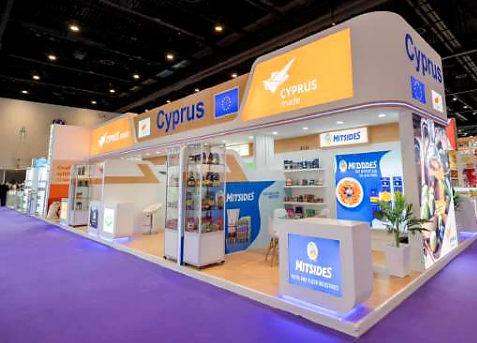 The Cyprus pavilion's long orange fascia over glass exporter showcases